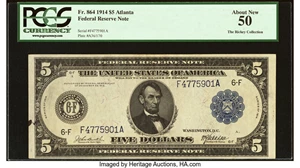 image for: Fr. 864 $5 1914 Federal Reserve Note PCGS About New 50....