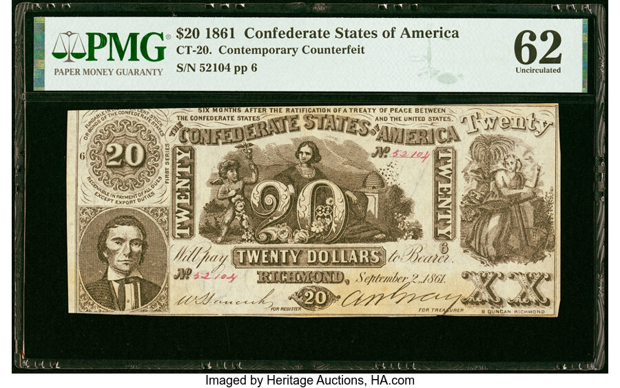 image for: "J. Whatman, 1861" Watermarked CT20/141D Contemporary Counterfeit $20 1861 PMG Uncirculated 62....