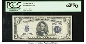 image for: Fr. 1652 $5 1934B Silver Certificate. PCGS Gem New 66PPQ....
