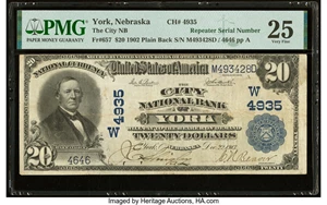 image for: York, NE - $20 1902 Plain Back Fr. 657 The City National Bank Ch. # (W)4935 PMG Very Fine 25....