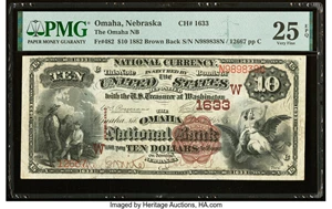 image for: Omaha, NE - $10 1882 Brown Back Fr. 482 The Omaha National Bank Ch. # (W)1633 PMG Very Fine 25 EPQ....