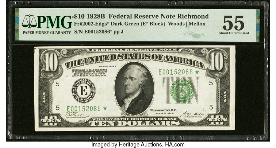 image for: Fr. 2002-E* $10 1928B Federal Reserve Star Note. PMG About Uncirculated 55....