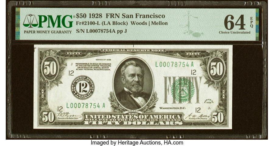 image for: Fr. 2100-L $50 1928 Federal Reserve Note. PMG Choice Uncirculated 64 EPQ....