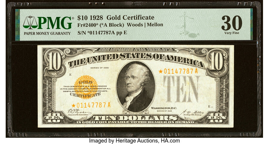 image for: Fr. 2400* $10 1928 Gold Certificate Star. PMG Very Fine 30....