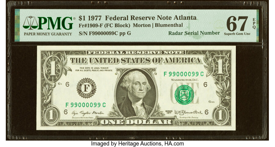 image for: Fancy Radar Serial Number 99000099 Fr. 1909-F $1 1977 Federal Reserve Note. PMG Superb Gem Unc 67 EPQ....