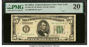 image for: Fr. 1951-B* $5 1928A Federal Reserve Star Note. PMG Very Fine 20....