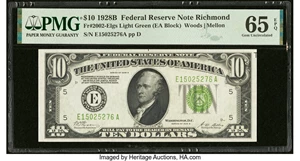 image for: Fr. 2002-E $10 1928B Light Green Seal Federal Reserve Note. PMG Gem Uncirculated 65 EPQ....