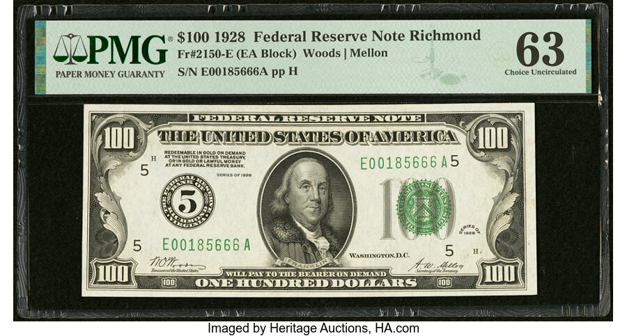 image for: Fr. 2150-E $100 1928 Federal Reserve Note. PMG Choice Uncirculated 63....