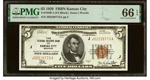 image for: Fr. 1850-J $5 1929 Federal Reserve Bank Note. PMG Gem Uncirculated 66 EPQ....