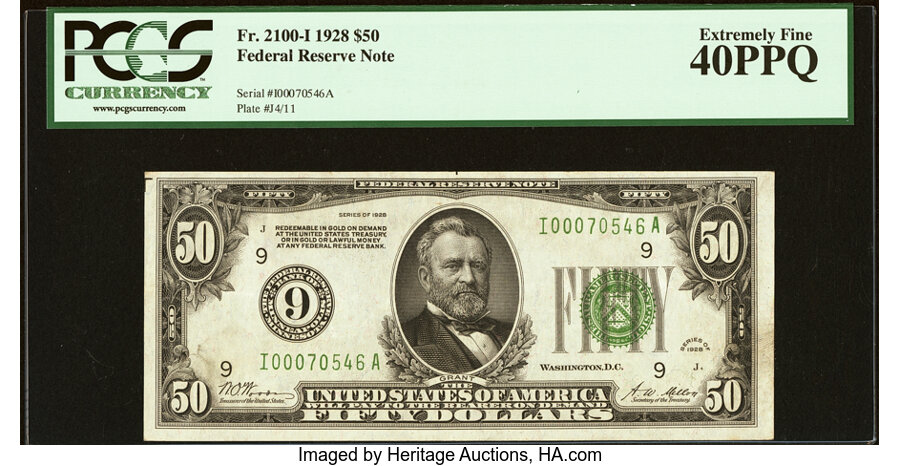 image for: Fr. 2100-I $50 1928 Federal Reserve Note. PCGS Extremely Fine 40PPQ....