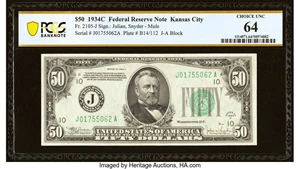 image for: Fr. 2105-J $50 1934C Federal Reserve Note. PCGS Banknote Choice Unc 64....