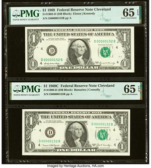 image for: Matching Low Serial Number 152 Fr. 1903-D $1 1969 Federal Reserve Note. PMG Gem Uncirculated 65 EPQ; Fr. 1906-D $1 1969C Feder...