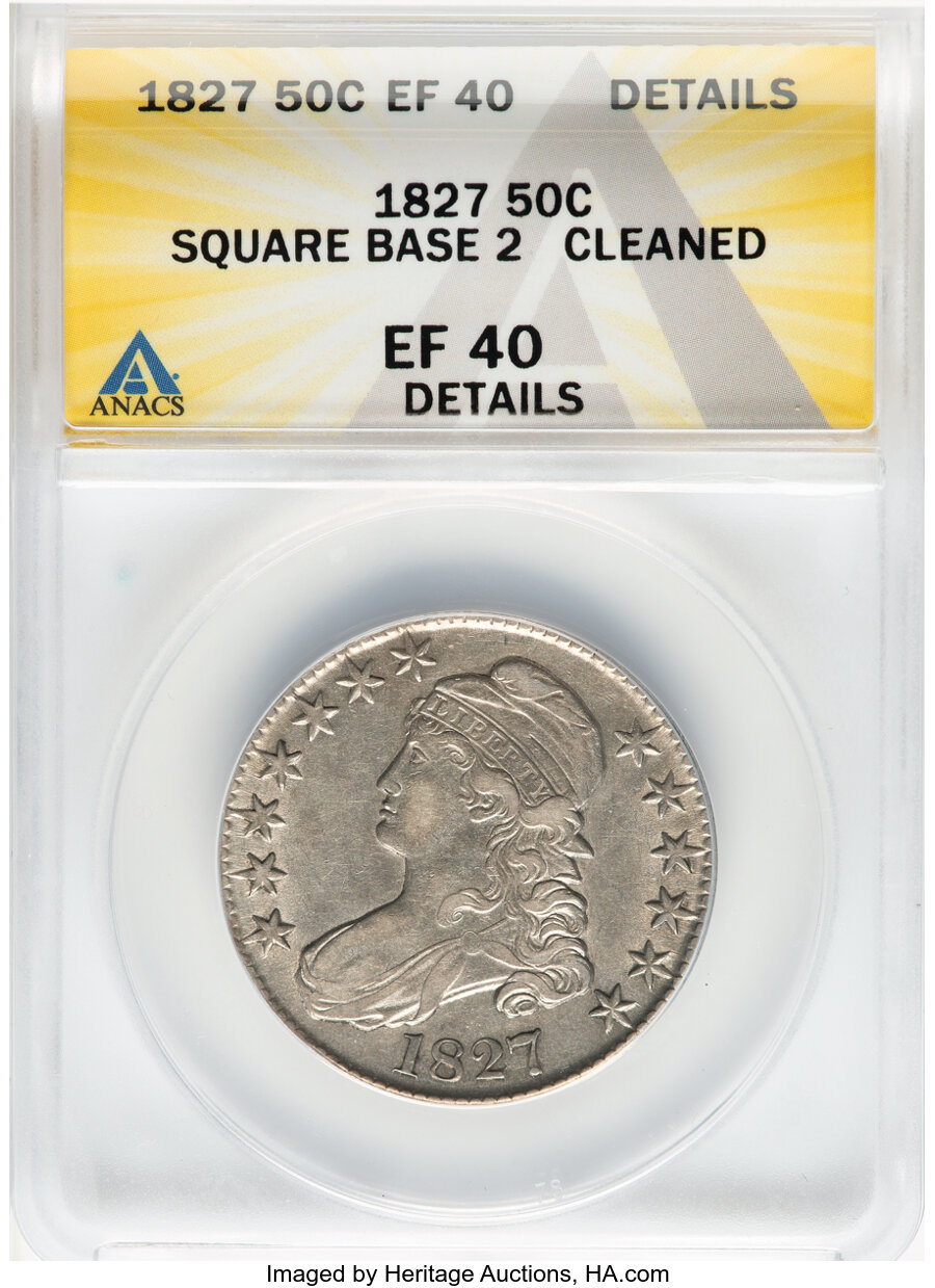 image for: 1827 50C Square Base 2, O-111, R.4 -- Cleaned -- ANACS Details. XF40.  Mintage 5,493,400....