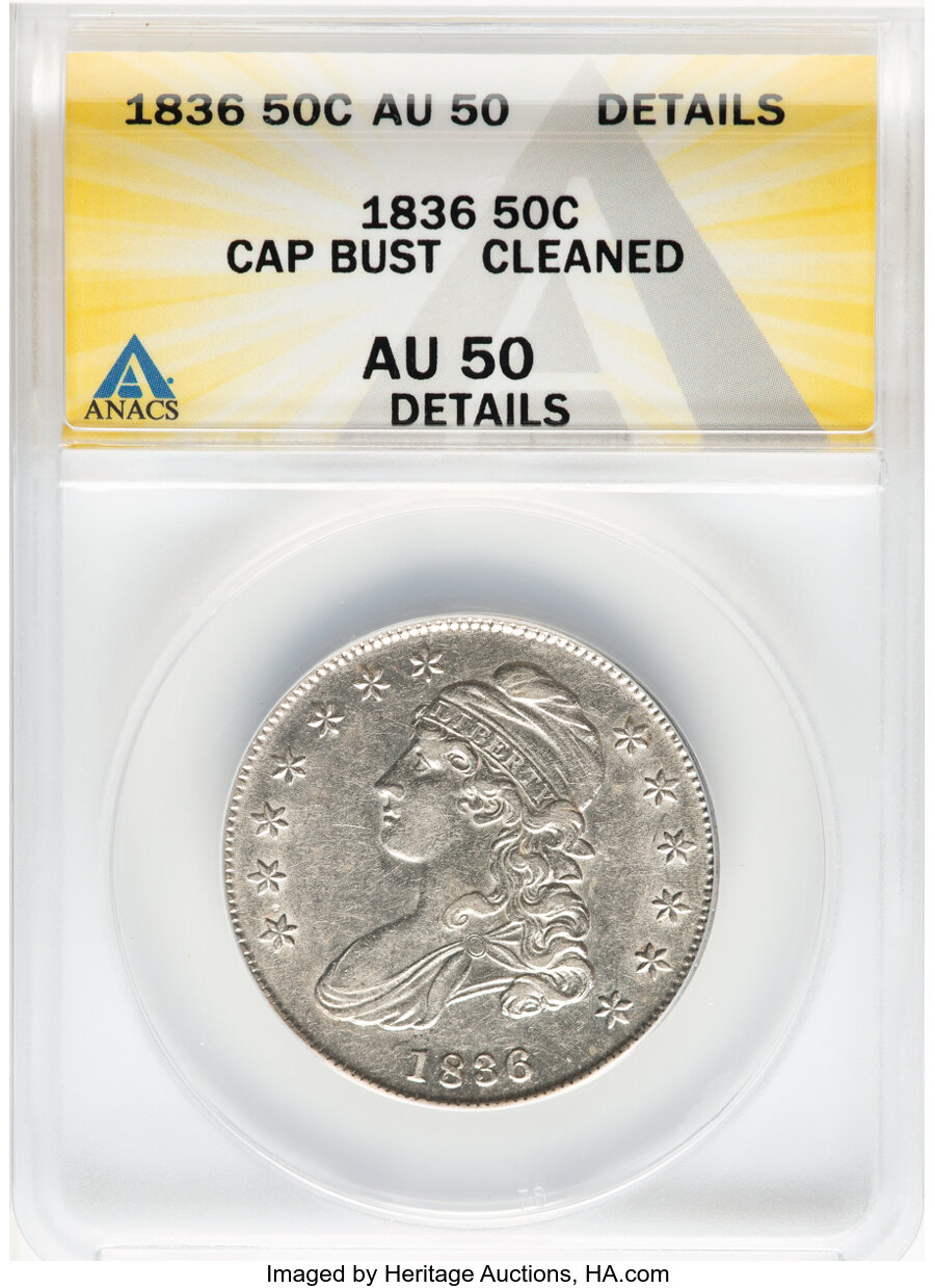 image for: 1836/1336 50C Capped Bust, Lettered Edge, O-108, R.1 -- Cleaned -- ANACS Details. AU50.  Mintage 6,545,000....