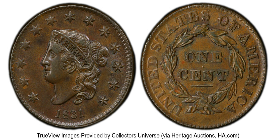 image for: 1831 1C Large Letters, N-7, R.1, AU58 PCGS. PCGS Population: (2/13)....