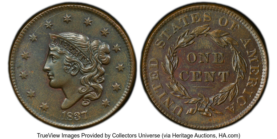 image for: 1837 1C Plain Cords, Medium Letters, N-1, R.3, MS63 Brown PCGS. PCGS Population: (4/1)....