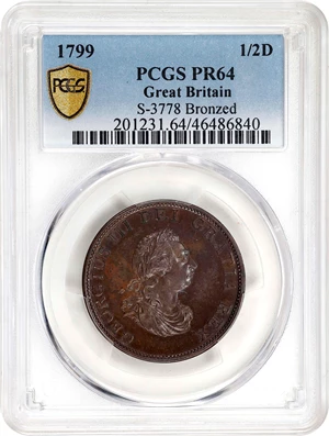 image for: GREAT BRITAIN. Bronzed 1/2 Penny Pattern, 1799. Birmingham (Soho) Mint. George III. PCGS PROOF-64.