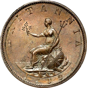 image for: GREAT BRITAIN. 1/2 Penny, 1799. Birmingham (Soho) Mint. George III. PCGS MS-65 Brown.