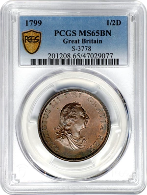 image for: GREAT BRITAIN. 1/2 Penny, 1799. Birmingham (Soho) Mint. George III. PCGS MS-65 Brown.