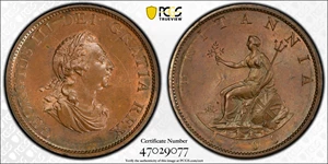 image for: GREAT BRITAIN. 1/2 Penny, 1799. Birmingham (Soho) Mint. George III. PCGS MS-65 Brown.