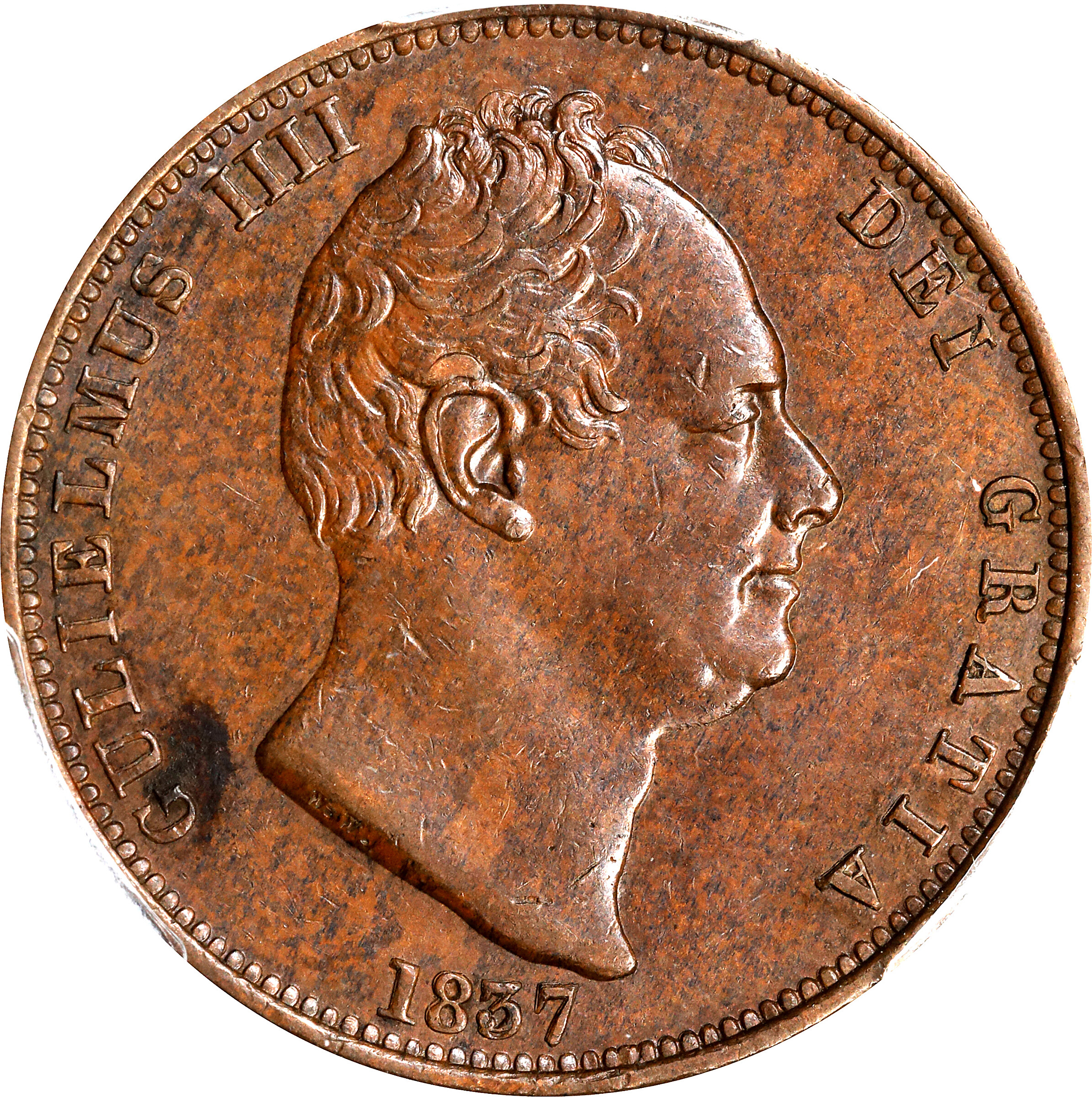 image for: GREAT BRITAIN. 1/2 Penny, 1837. London Mint. William IV. PCGS MS-62 Brown.