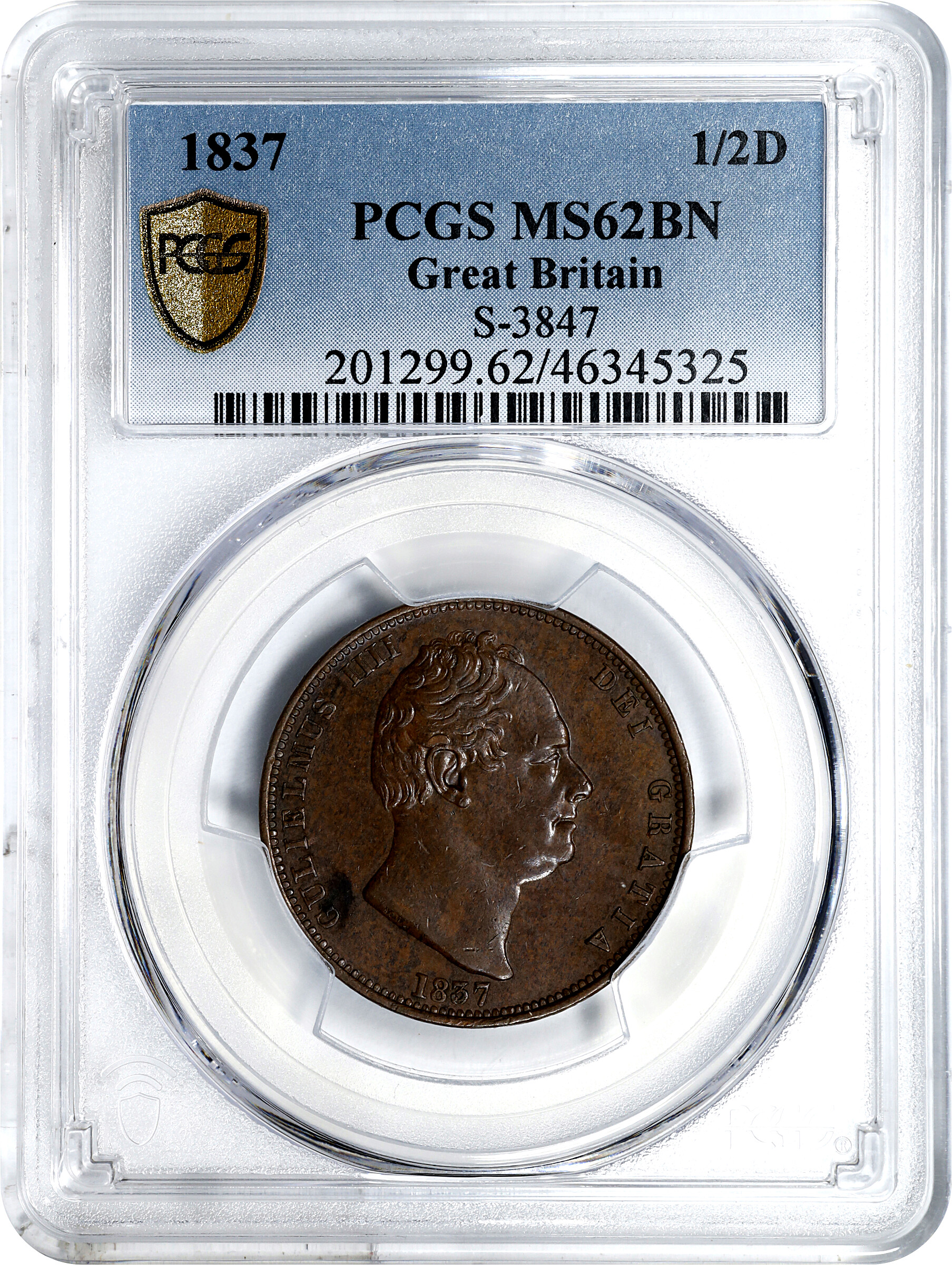 image for: GREAT BRITAIN. 1/2 Penny, 1837. London Mint. William IV. PCGS MS-62 Brown.