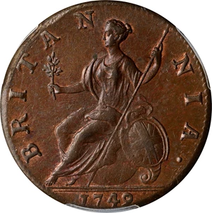 image for: GREAT BRITAIN. 1/2 Penny, 1749. London Mint. George II. PCGS MS-63 Brown.
