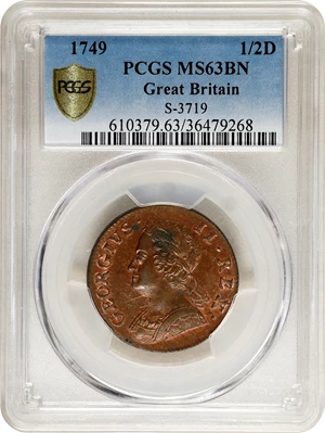 image for: GREAT BRITAIN. 1/2 Penny, 1749. London Mint. George II. PCGS MS-63 Brown.