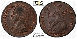 image for: GREAT BRITAIN. 1/2 Penny, 1749. London Mint. George II. PCGS MS-63 Brown.