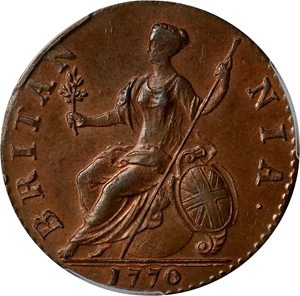 image for: GREAT BRITAIN. 1/2 Penny, 1770. London Mint. George III. PCGS MS-64 Brown.