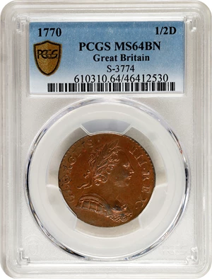 image for: GREAT BRITAIN. 1/2 Penny, 1770. London Mint. George III. PCGS MS-64 Brown.