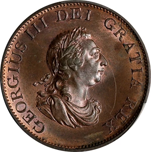 image for: GREAT BRITAIN. 1/2 Penny, 1799. Birmingham (Soho) Mint. George III. PCGS MS-65 Brown.