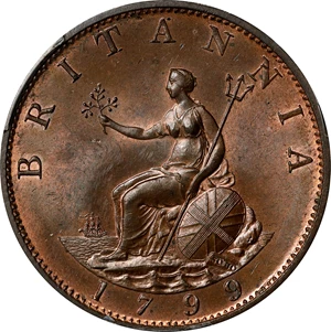 image for: GREAT BRITAIN. 1/2 Penny, 1799. Birmingham (Soho) Mint. George III. PCGS MS-65 Brown.
