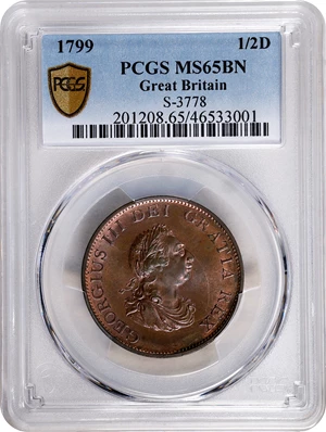 image for: GREAT BRITAIN. 1/2 Penny, 1799. Birmingham (Soho) Mint. George III. PCGS MS-65 Brown.