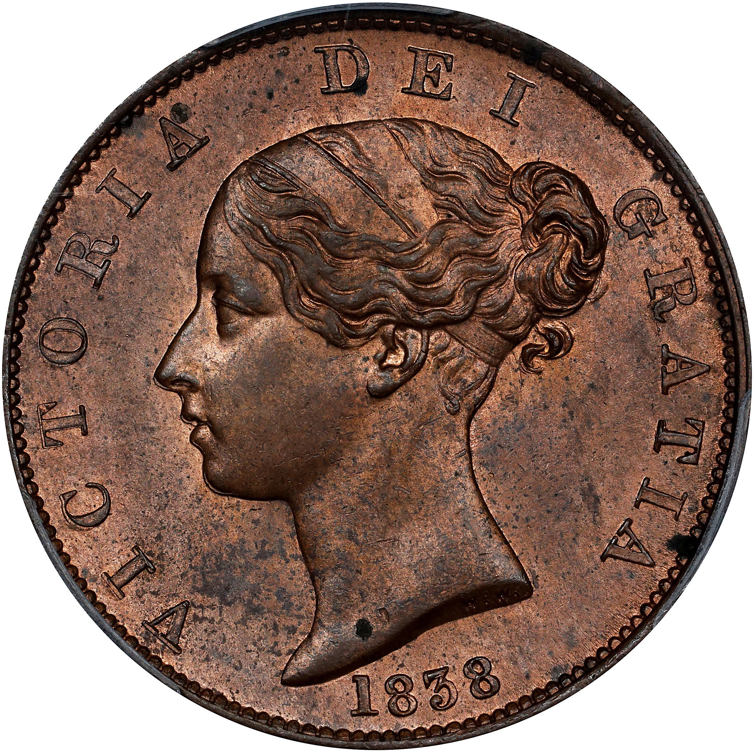 image for: GREAT BRITAIN. 1/2 Penny, 1838. London Mint. Victoria. PCGS MS-63 Red Brown.