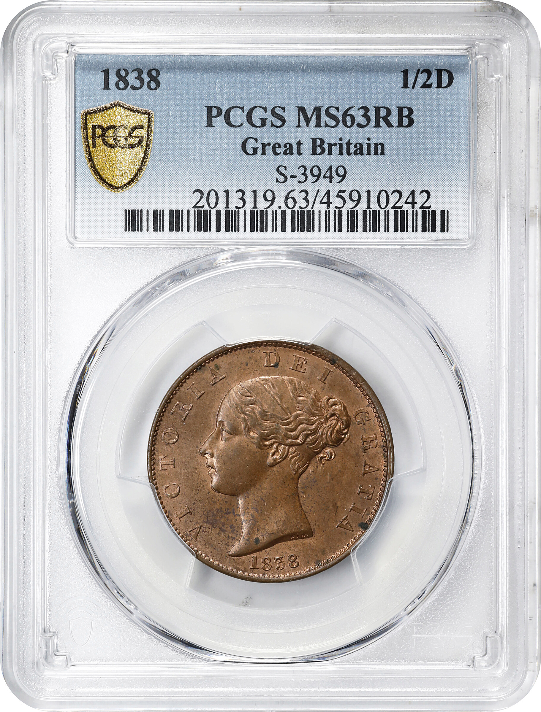 image for: GREAT BRITAIN. 1/2 Penny, 1838. London Mint. Victoria. PCGS MS-63 Red Brown.