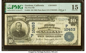 image for: Gardena, CA - $10 1902 Plain Back Fr. 630 The First National Bank Ch. # (P)10453 PMG Choice Fine 15....