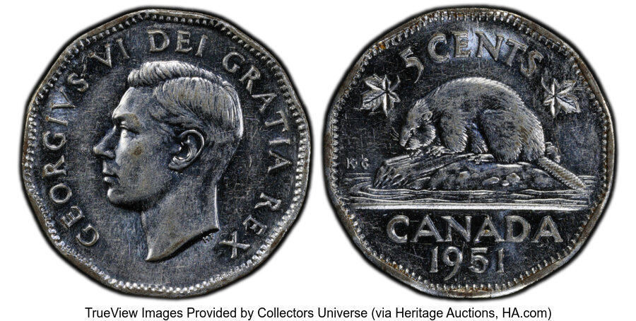 image for: Canada: George VI "High Relief" 5 Cents 1951 AU55 PCGS,...