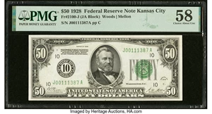 image for: Fr. 2100-J $50 1928 Federal Reserve Note. PMG Choice About Unc 58....