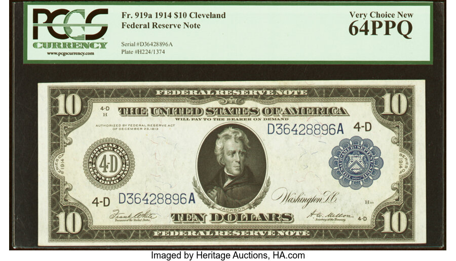 image for: Fr. 919a $10 1914 Federal Reserve Note PCGS Very Choice New 64PPQ....