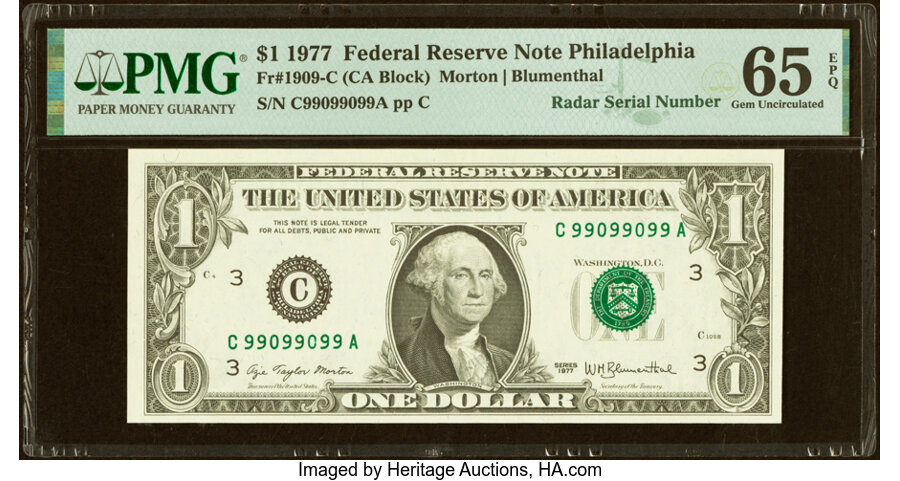 image for: Fancy Radar Serial Number 99099099 Fr. 1909-C $1 1977 Federal Reserve Note. PMG Gem Uncirculated 65 EPQ....