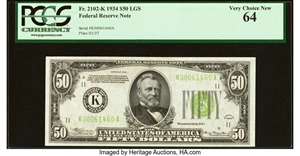 image for: Fr. 2102-K $50 1934 Light Green Seal Federal Reserve Note. PCGS Very Choice New 64....