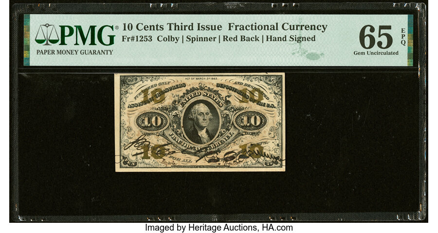 image for: Fr. 1253 10¢ Third Issue PMG Gem Uncirculated 65 EPQ....