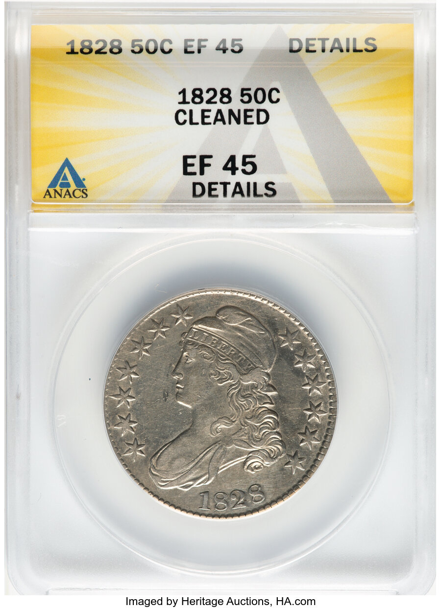 image for: 1828 50C Square Base 2, Small 8s, Large Letters, O-110, R.2 -- Cleaned -- ANACS Details. XF45.  Mintage 3,075,200....
