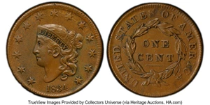 image for: 1834 1C Small 8, Large Stars, Medium Letters, N-1, R.1, AU55 PCGS. PCGS Population: (5/14)....