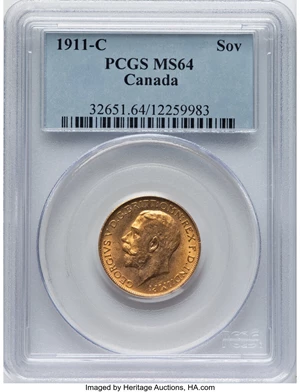 image for: Canada: George V gold Sovereign 1911-C MS64 PCGS,...