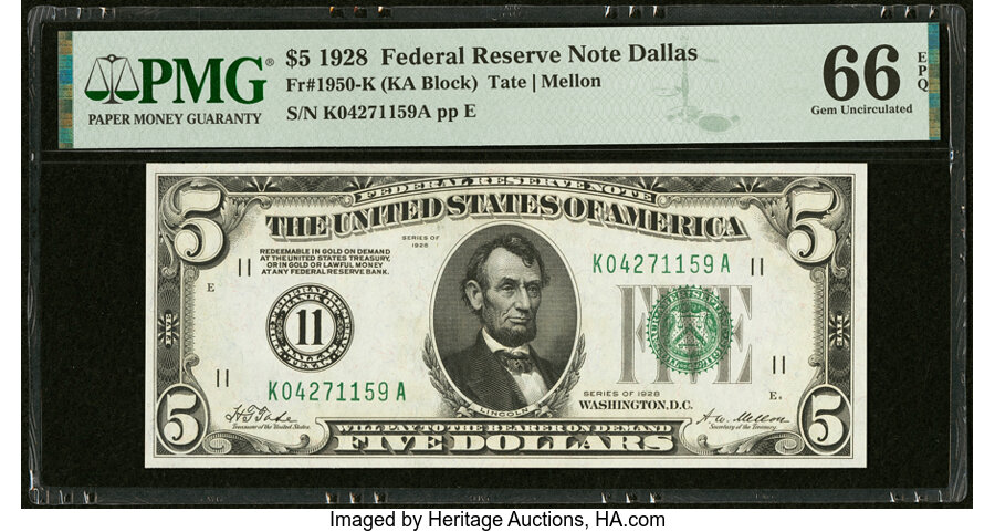 image for: Fr. 1950-K $5 1928 Federal Reserve Note. PMG Gem Uncirculated 66 EPQ....