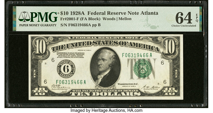 image for: Fr. 2001-F $10 1928A Federal Reserve Note. PMG Choice Uncirculated 64 EPQ....