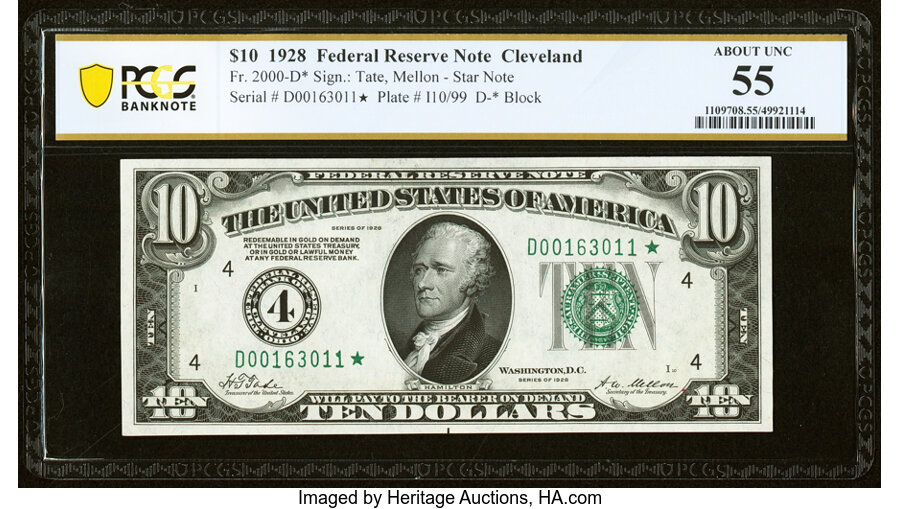 image for: Fr. 2000-D* $10 1928 Federal Reserve Star Note. PCGS Banknote About Unc 55....