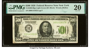 image for: Fr. 2200-B $500 1928 Light Green Seal Federal Reserve Note. PMG Very Fine 20....